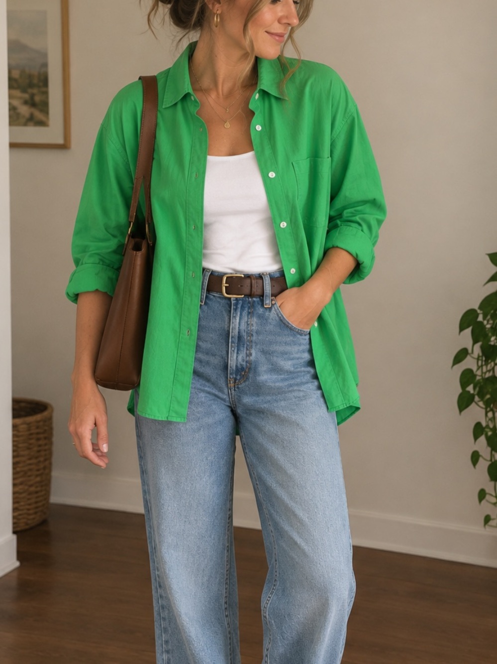 Green relaxed button down.
